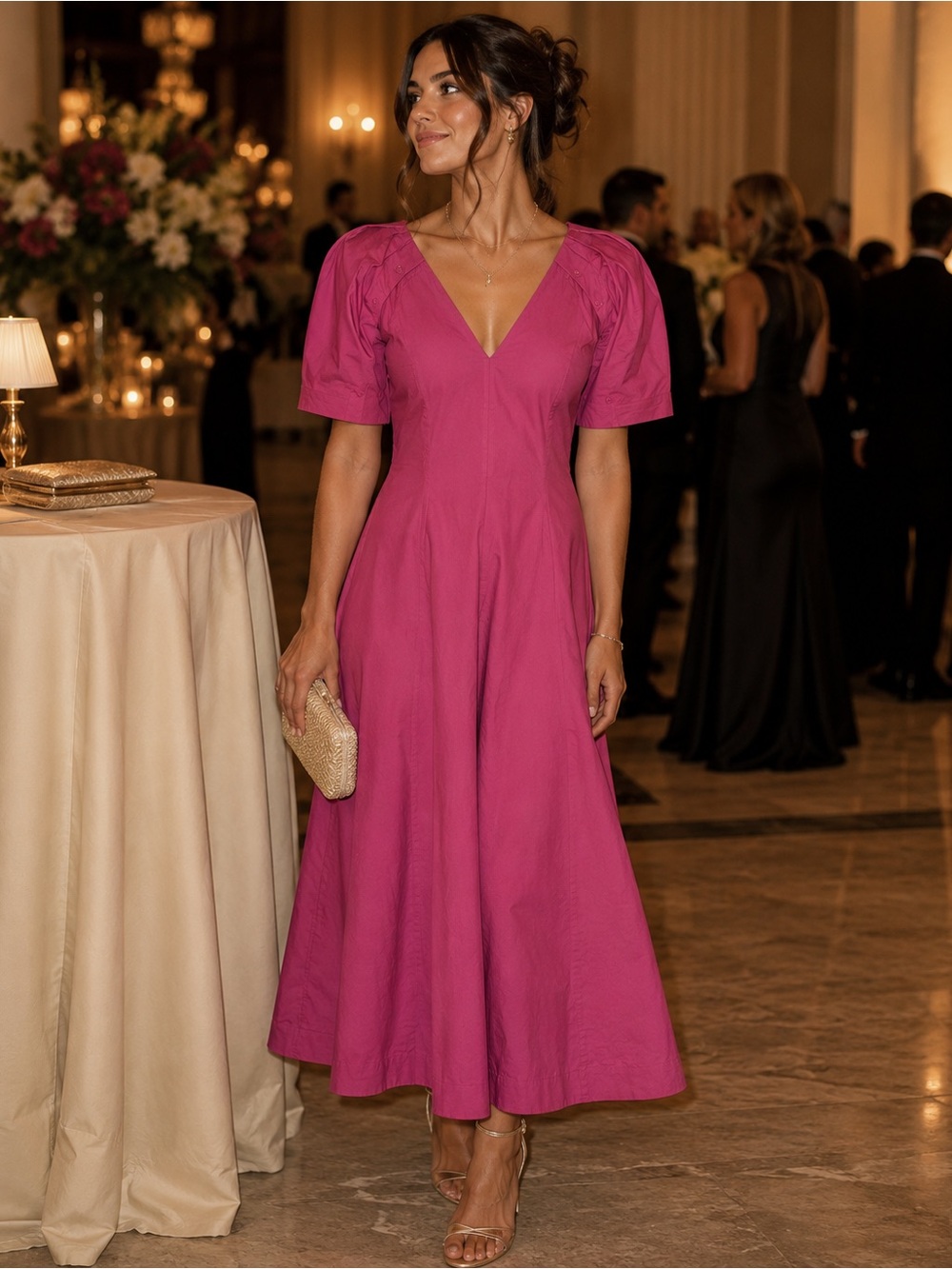 LOFT Fuschia Cotton V-Neck Puff Sleeve A-Line Midi Dress 8 Party Event Wedding